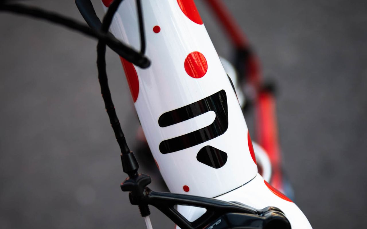 Black Ridley decals contrast against the white and red design
