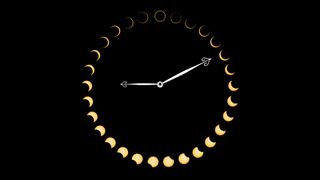 stages of an annular solar eclipse arranged in a circle with two clock hands in the center pointing to 9:13, the time the annular face begins in Oregon.