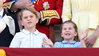 LONDON, ENGLAND - JUNE 08: Prince George and Princess Charlotte appear on the balcony during Trooping The Colour, the Queen's annual birthday parade, on June 08, 2019 in London, England.