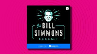 The logo of the Bill Simmons podcast on a pink background