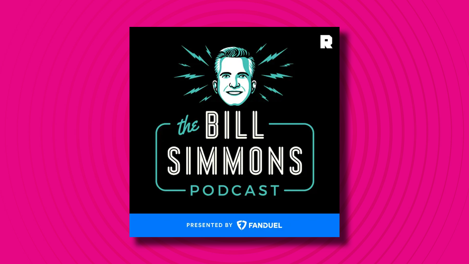 The logo of the Bill Simmons podcast on a pink background