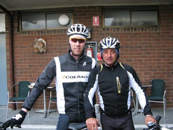 New Italian coach Paolo Bettini was looked after by staff at local Colnago importer FRF Sports while previewing the course.