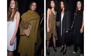 Image one - two models, one in a white dress and one in a brown dress with bag. Image two - one model in a brown dress and one in a black coat