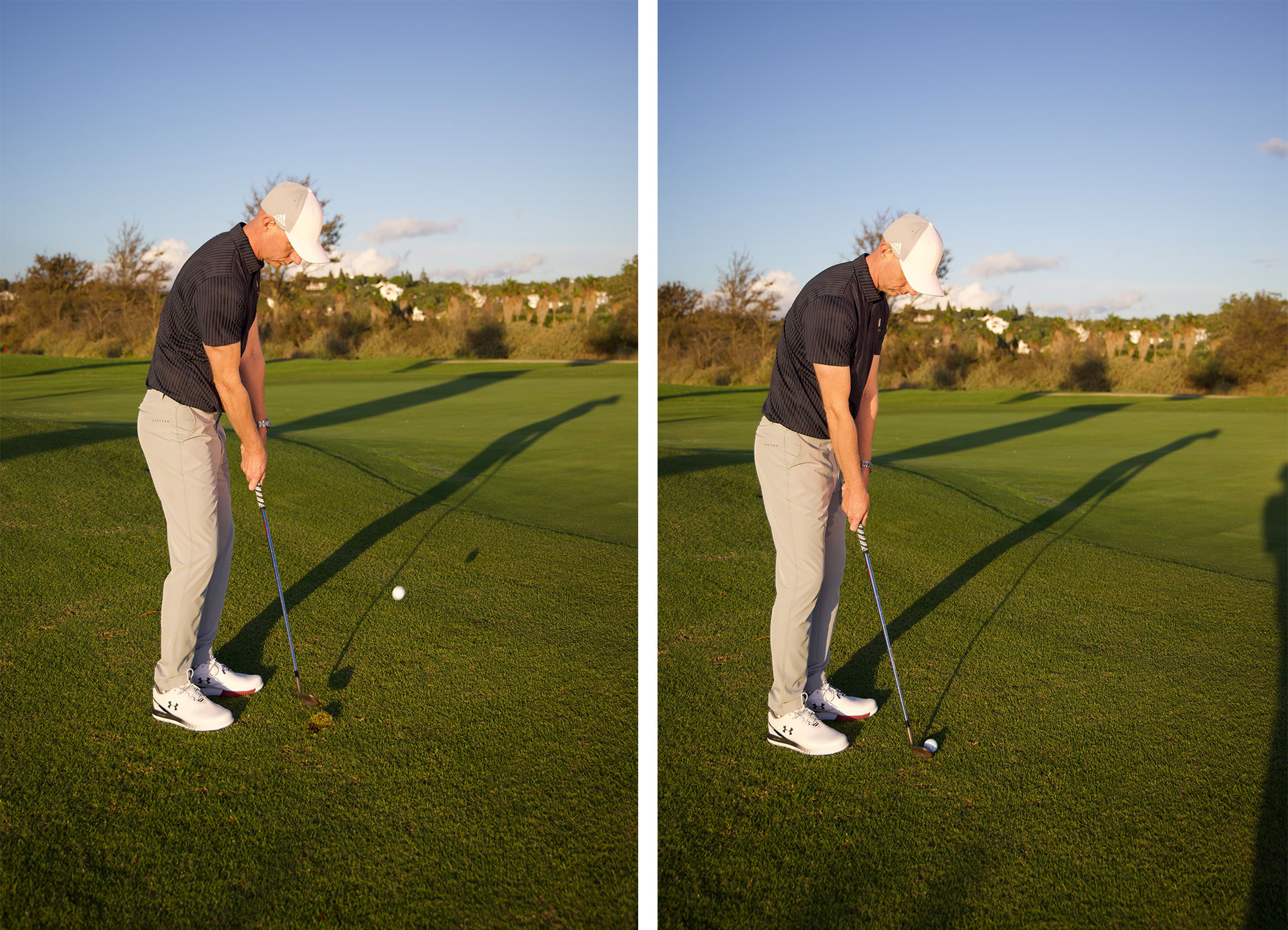 A side-by-side image of Ged Walters at address when preparing to chip in golf