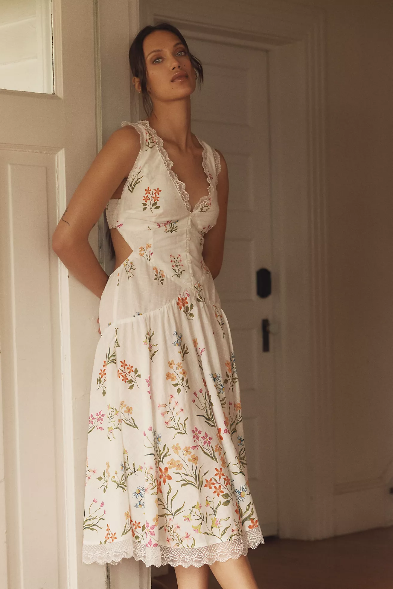 By Anthropologie Open-Back Drop-Waist Midi Dress