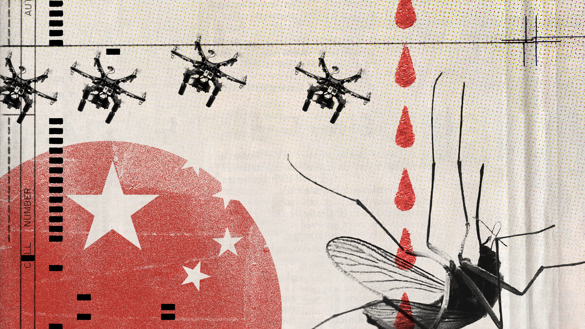 Photo collage of a dead mosquito and drones