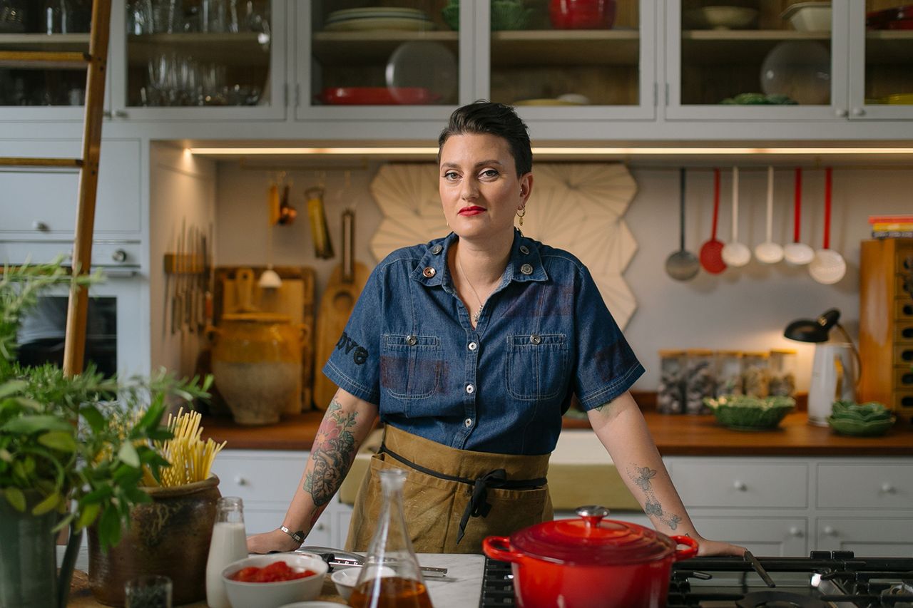 Plant based chef Bettina Campolucci Bordi is pictured standing at a kitchen counter