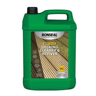 green bottle of Ronseal decking cleaner with a black lid and large product label on a white background