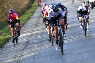 TIELTWINGE BELGIUM FEBRUARY 27 Pfeiffer Georgi of United Kingdom and Team DSM Women competes during the 17th Craywinckelhof Omloop van het Hageland 2022 a 1282km race from Tienen to TieltWinge OmloopHageland on February 27 2022 in TieltWinge Belgium Photo by Luc ClaessenGetty Images