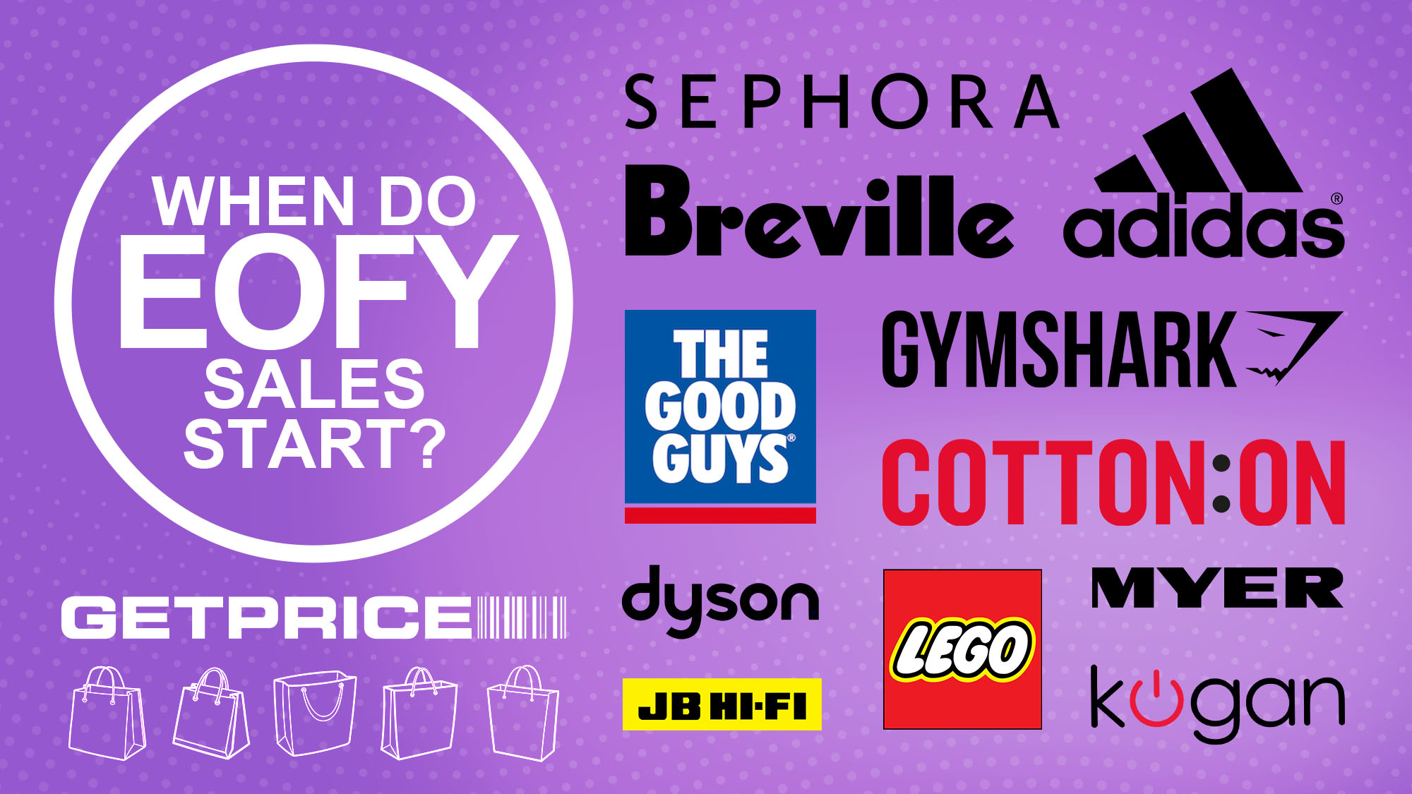 Purple background with white writing in white circle that says When do EOFY sales start with scattered logos for brands next to it
