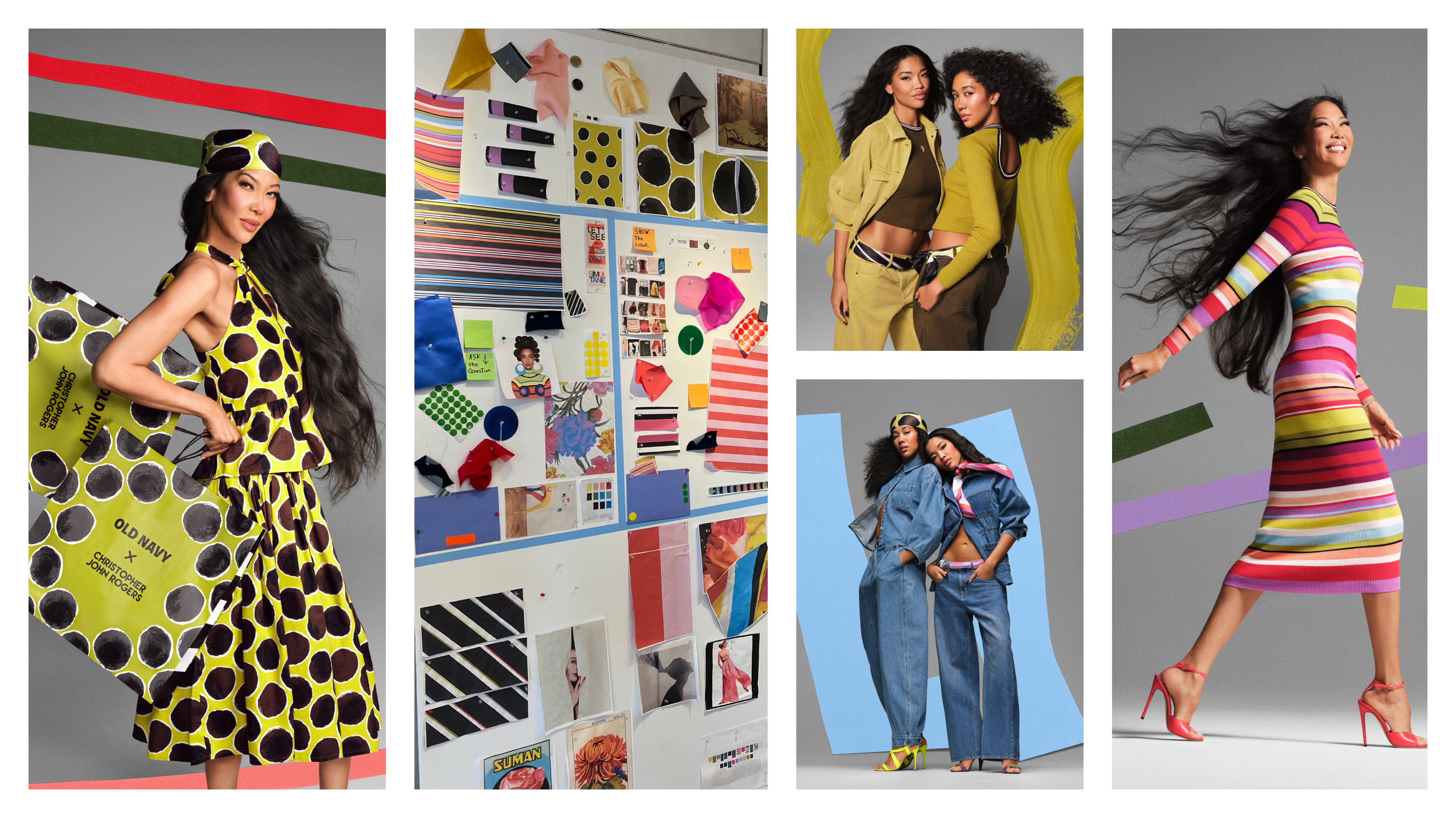 an image collage of campaign imagery of the Old Navy x Christopher John Rogers collection as well as the mood board