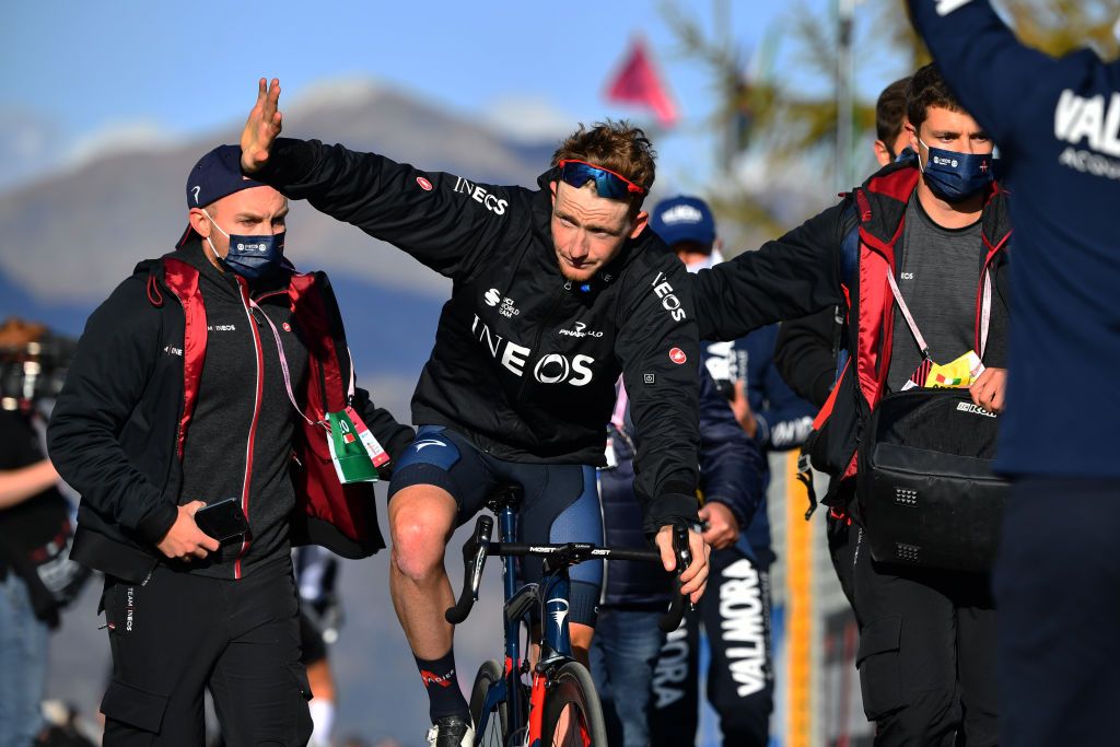 SESTRIERE ITALY OCTOBER 24 Arrival Tao Geoghegan Hart of The United Kingdom and Team INEOS Grenadiers Celebration during the 103rd Giro dItalia 2020 Stage 20 a 190km stage from Alba to Sestriere 2035m girodiitalia Giro on October 24 2020 in Sestriere Italy Photo by Stuart FranklinGetty Images