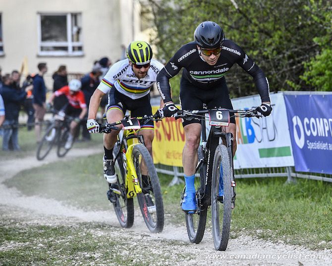 Maxime Marcotte (Cannondale Factory Racing) attacks with Nino Schurter (Scott-SRAM MTB Racing)