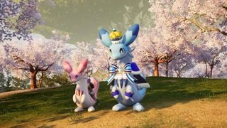 Palworld screenshot showing Chillet Ignis and Chillet sat next to eachother in a field of cherry blossom trees