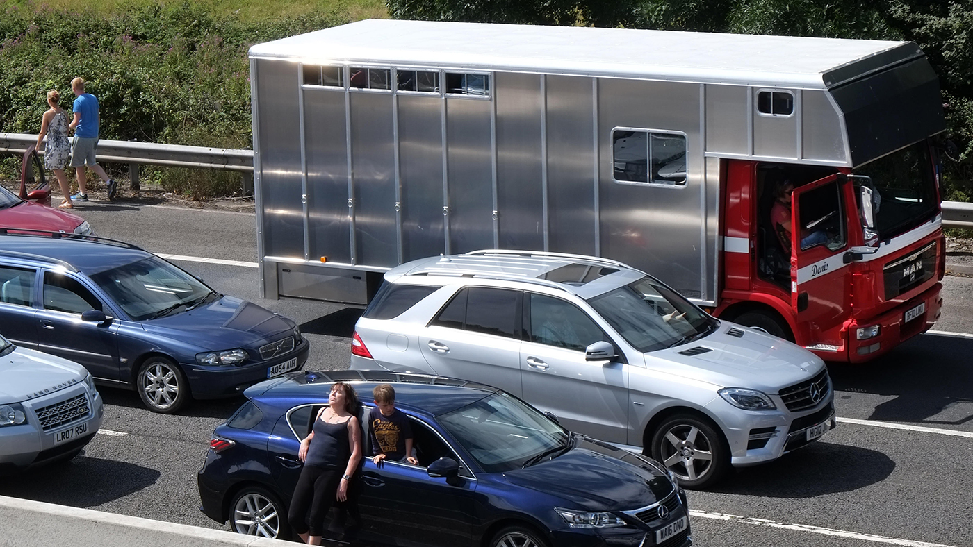 Stationary traffic on the M5 including a horsebox