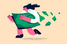 An illustrated image of a woman holding an oversized dollar that is disintegrating 