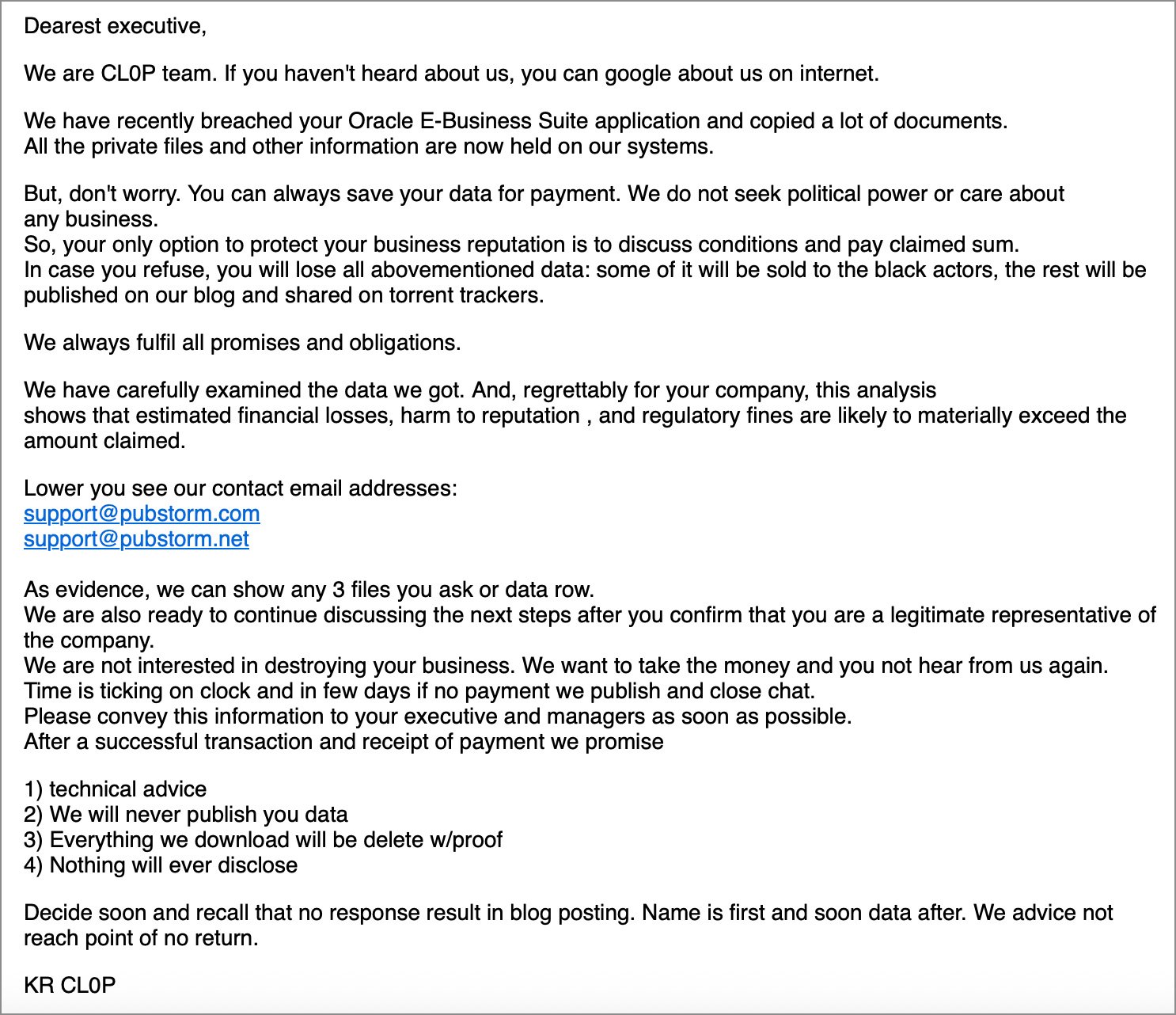 Clop extortion email sent to Oracle customers