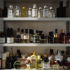 A medicine cabinet filled with perfume.
