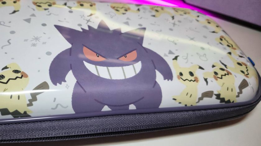 Close up of the cover of the Hori Switch 2 case showing a print of Gengar and lots of Mimikyu Pokemon together.