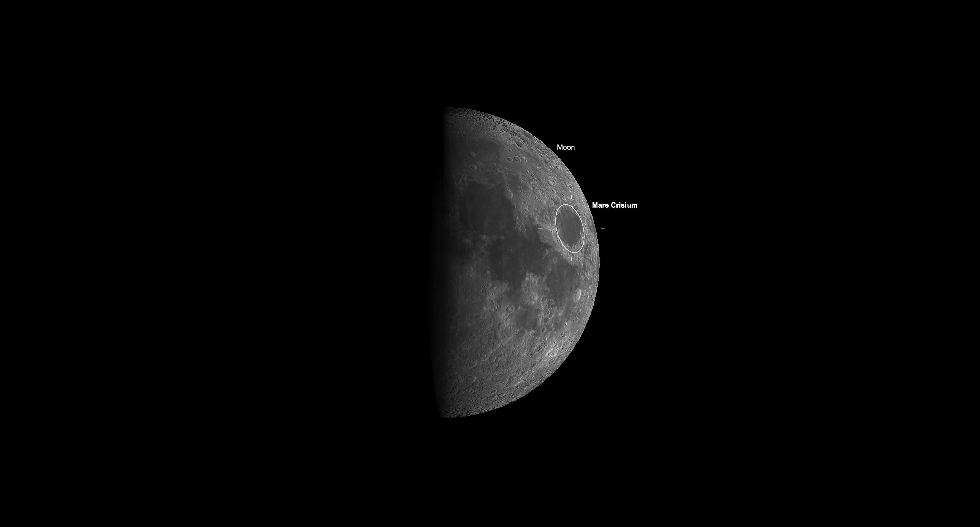 Close-up view of the first-quarter moon highlighting Mare Crisium near the lunar limb on Sept. 18, 2026.