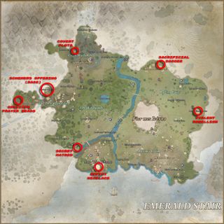 Avowed Totem of Defiance locations - A map of Emerald Stair showing all the fragment locations for this totem.