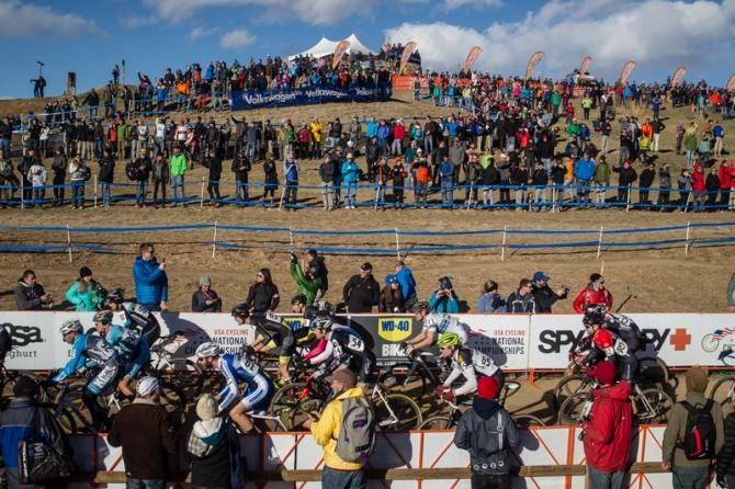 Fans gather on the hill for the start of the mens race