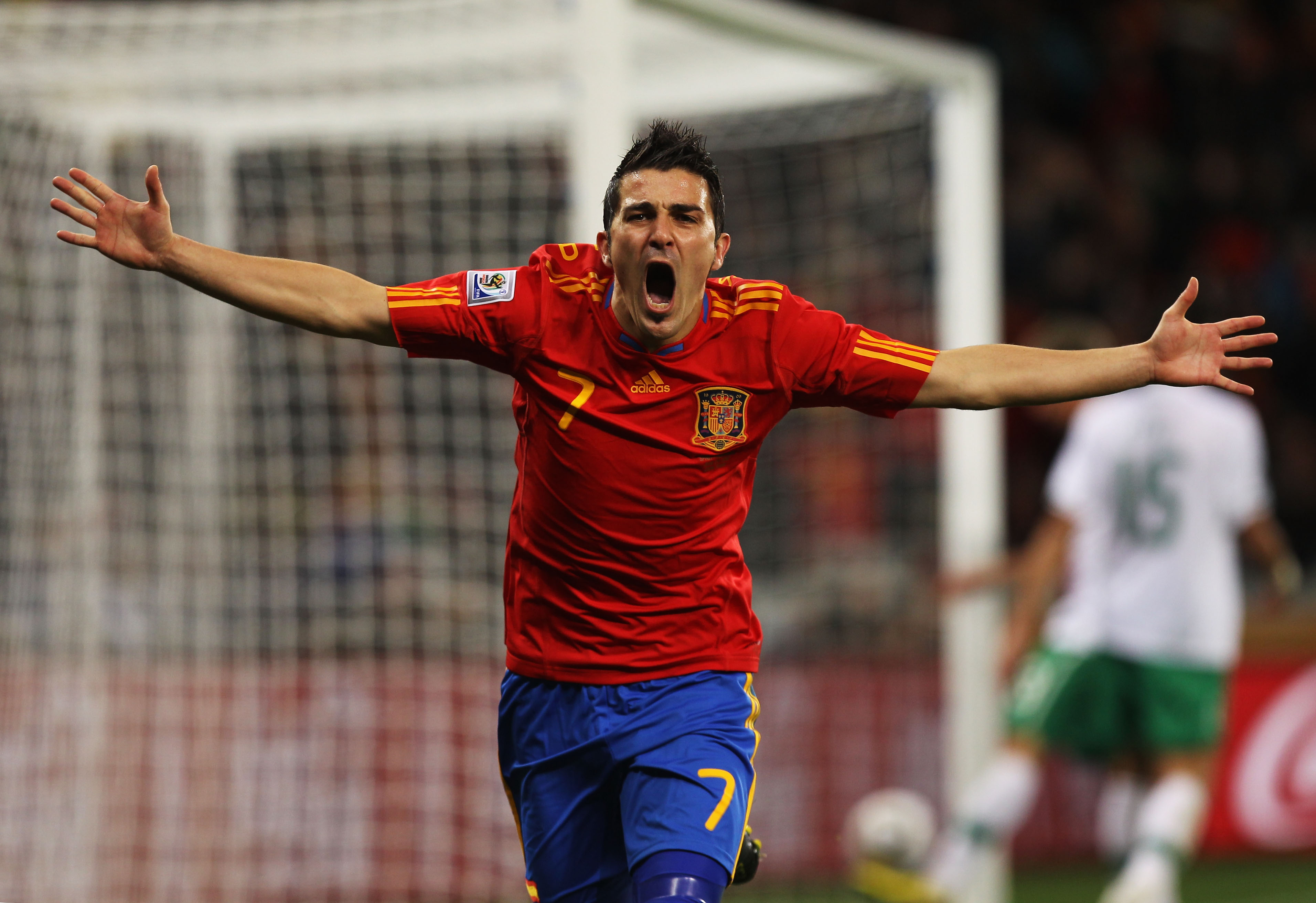 David Villa celebrates after scoring for Spain against Portugal at the 2010 World Cup.