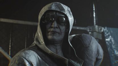 A hooded Dr. Gideon carries Grace on his shoulder in Resident Evil Requiem.