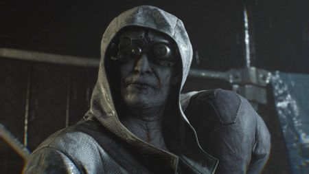 A hooded Dr. Gideon carries Grace on his shoulder in Resident Evil Requiem.