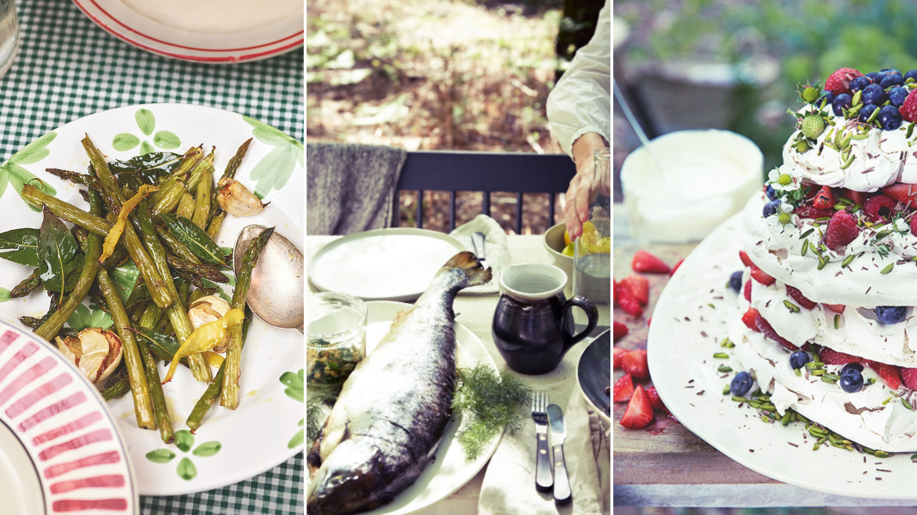 Three recipe images including grilled asparagus, whole cooked salmon and a meringue stack with summer berries