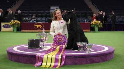 Monty the giant scnhauzer and handler Katie Bernardin after winning best in show at Westminster Kennel Club dog show