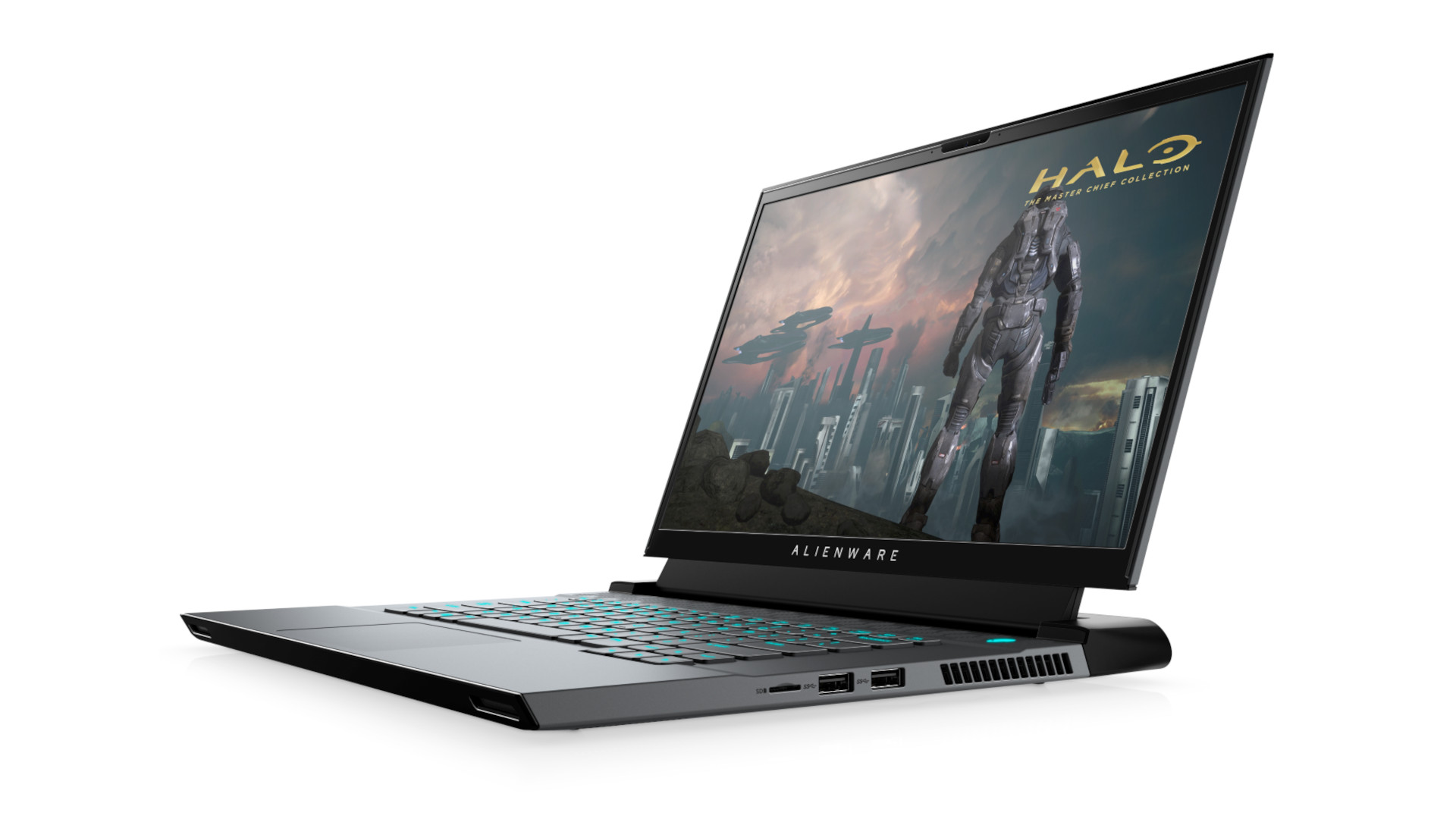 The Alienware M15 R3 displaying a Halo game, set against a white background