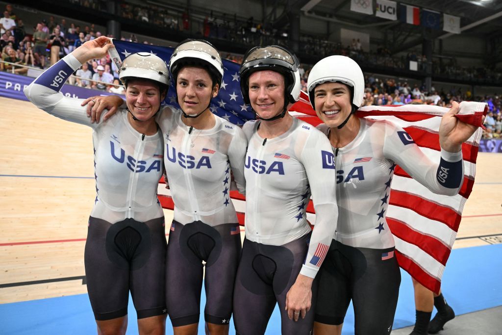 (From L to R) USA gold medallists in women&#039;s Team Pursuit at 2024 Paris Olympic Games: Jennifer Valente, Chloe Dygert, Lily Williams and Kristen Faulkner