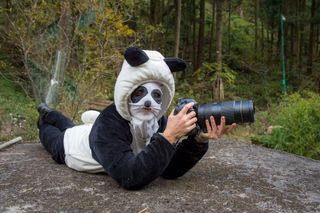 a person dressed as a panda holding a camera and lying on the floor