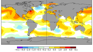 The 'Blue Blob' can be seen in this map of sea surface temperature changes since 2020 (temperatures in degrees Celsius).