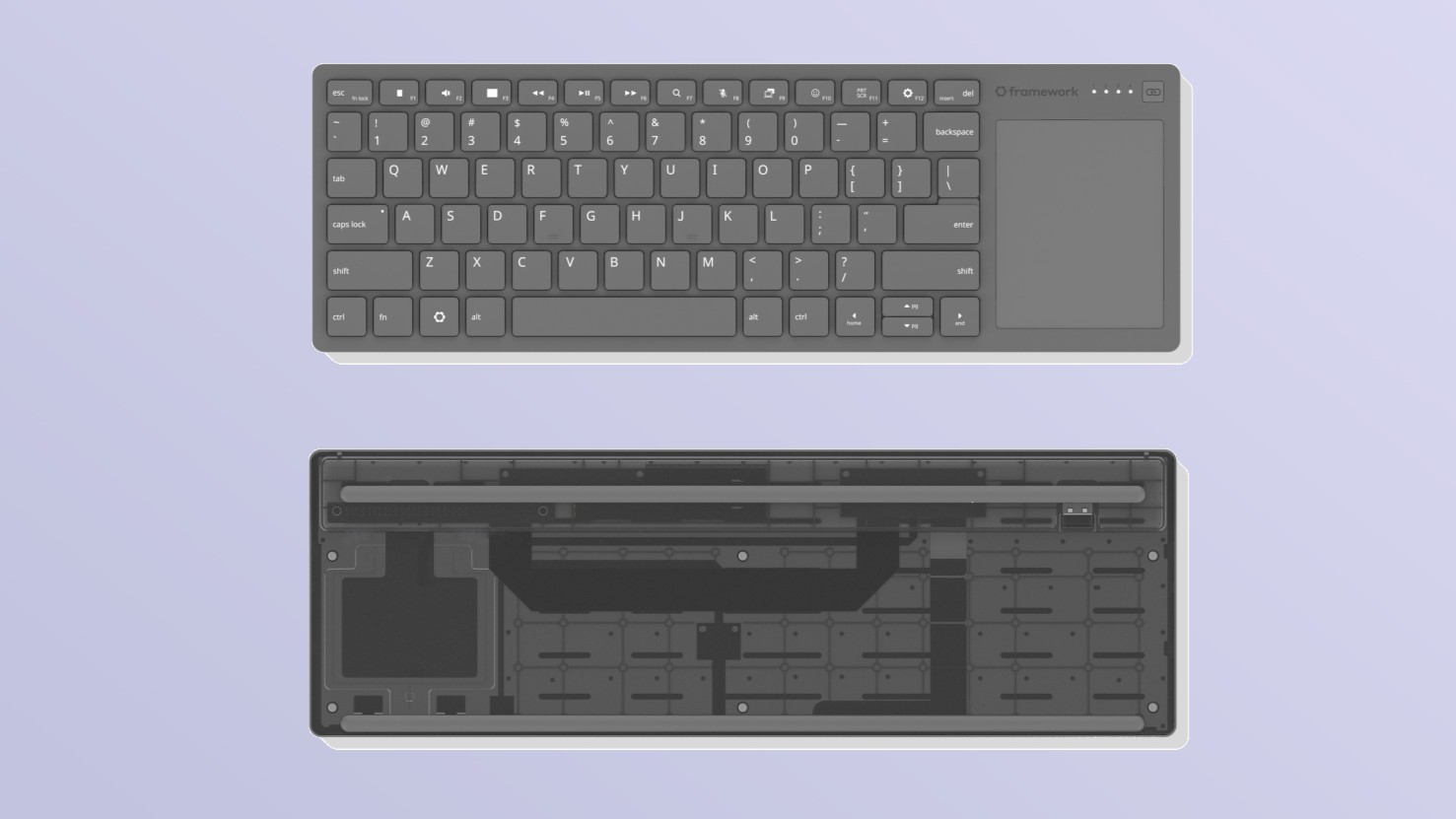جلو و پشت صفحه‌کلید تاچ‌پد بی‌سیم جدید Framework