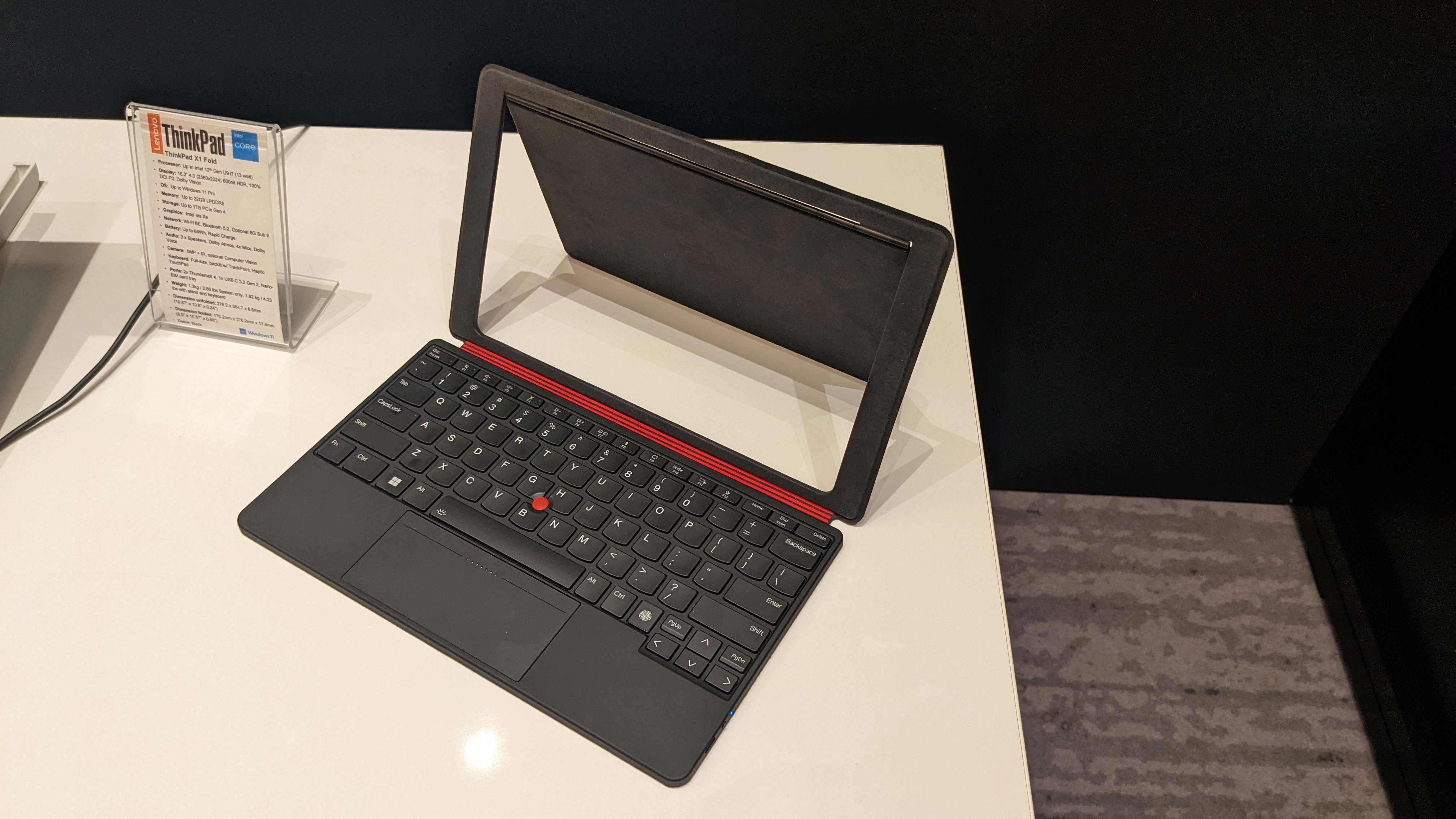 Lenovo ThinkPad X1 Fold Gen 2 pre-production test unit pictured on a white desk.