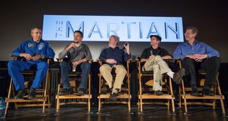 From left to right: NASA astronaut Drew Feustel, actor Matt Damon, director Ridley Scott, author Andy Weir and NASA planetary science chief Jim Green participate in a Q&A session about NASA’s journey to Mars and the film “The Martian” on Aug. 18, 2015.