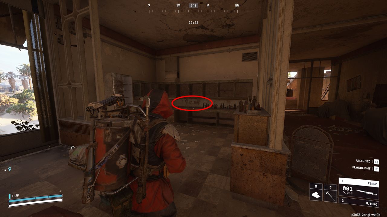 Arc Raiders Safe Harbor: A player looking at the kitchen area of the hotel restaurant, with a red oval specifically drawing attention to symbols written on the wall.
