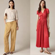 models wear j.crew clothes. model wears crinkle pants. model wears red dress. model wears. write dress.