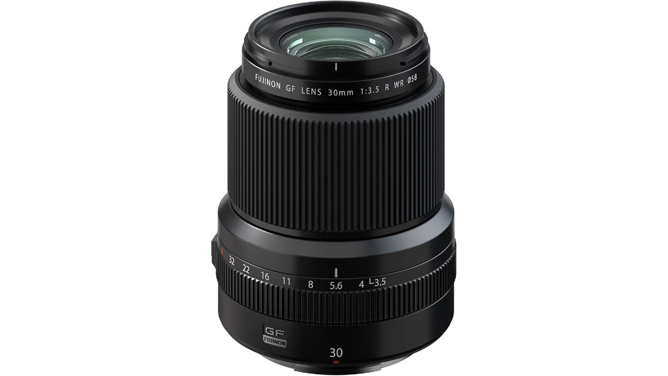 The Fujifilm GF 30mm f/3.5 R WR lens standing upright, showing the front lens element
