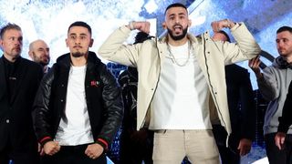 Misfits Boxing Press ConferenceLONDON, ENGLAND - OCTOBER 14: Ali Loui 'AnEsonGib' Al-Fakhri and Sulieman 'Slim, The Hitman' Albaher pose for a photo during a Misfits Boxing Press Conference ahead of their MFB Middleweight Title fight as the 'MF & DAZN X Series 19: The Supercard' Doha, Qatar 2024 show is announced at Leonardo Royal Hotel on October 14, 2024 in London, England. (Photo by Julian Finney/Getty Images)