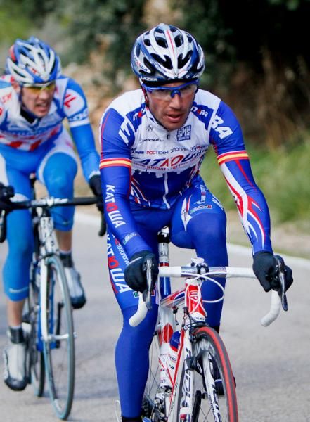 A Katusha rider drives the pace at the front of the peloton.