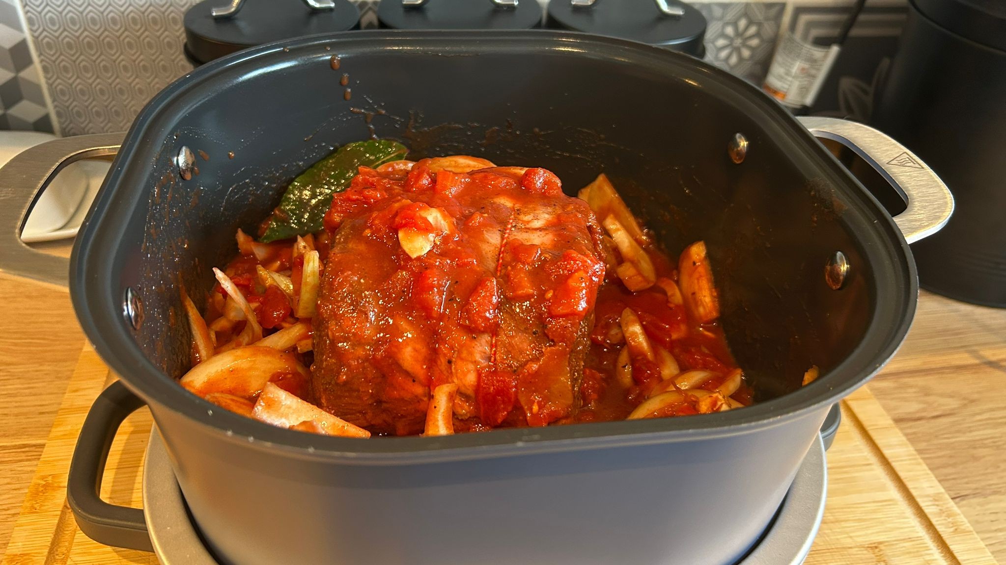 Uncooked beef tinga in Ninja Foodi PossibleCooker