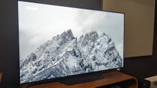 LG B3 OLED with white, snowy mountains displayed on screen