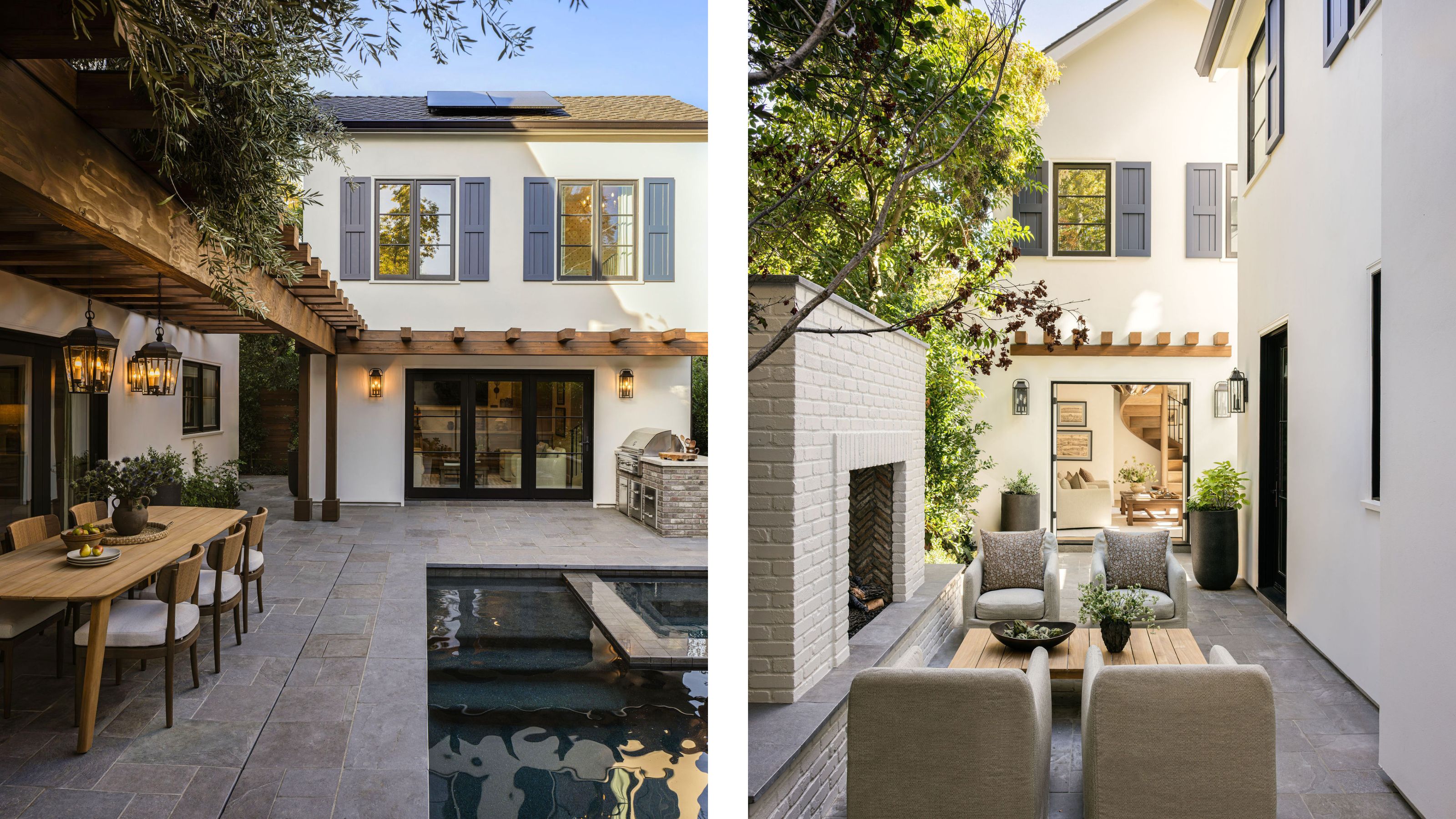 two side by side images of a backyard with an ADU, pool and bbq area