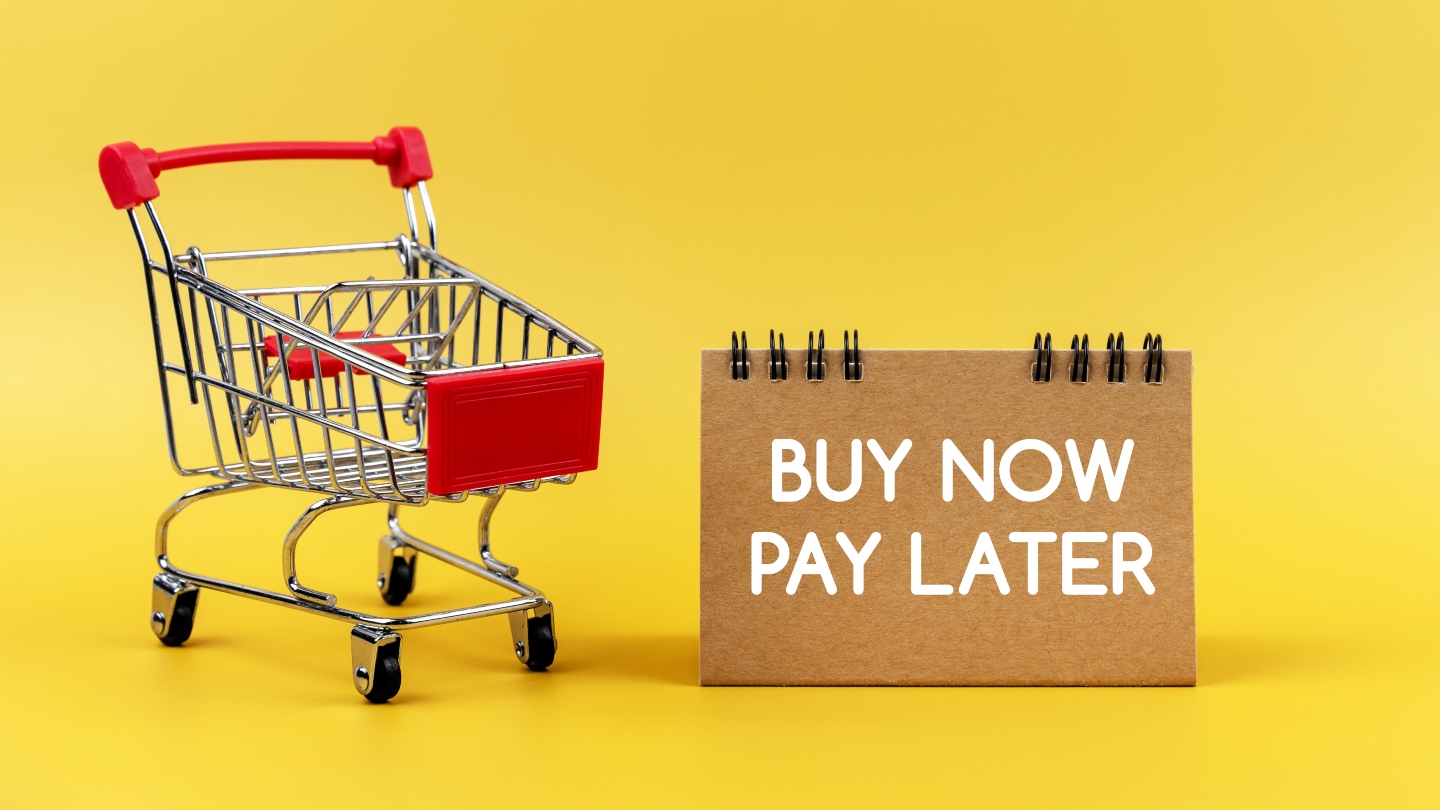 Shopping cart beside the words 'Buy Now Pay Later' for Afterpay