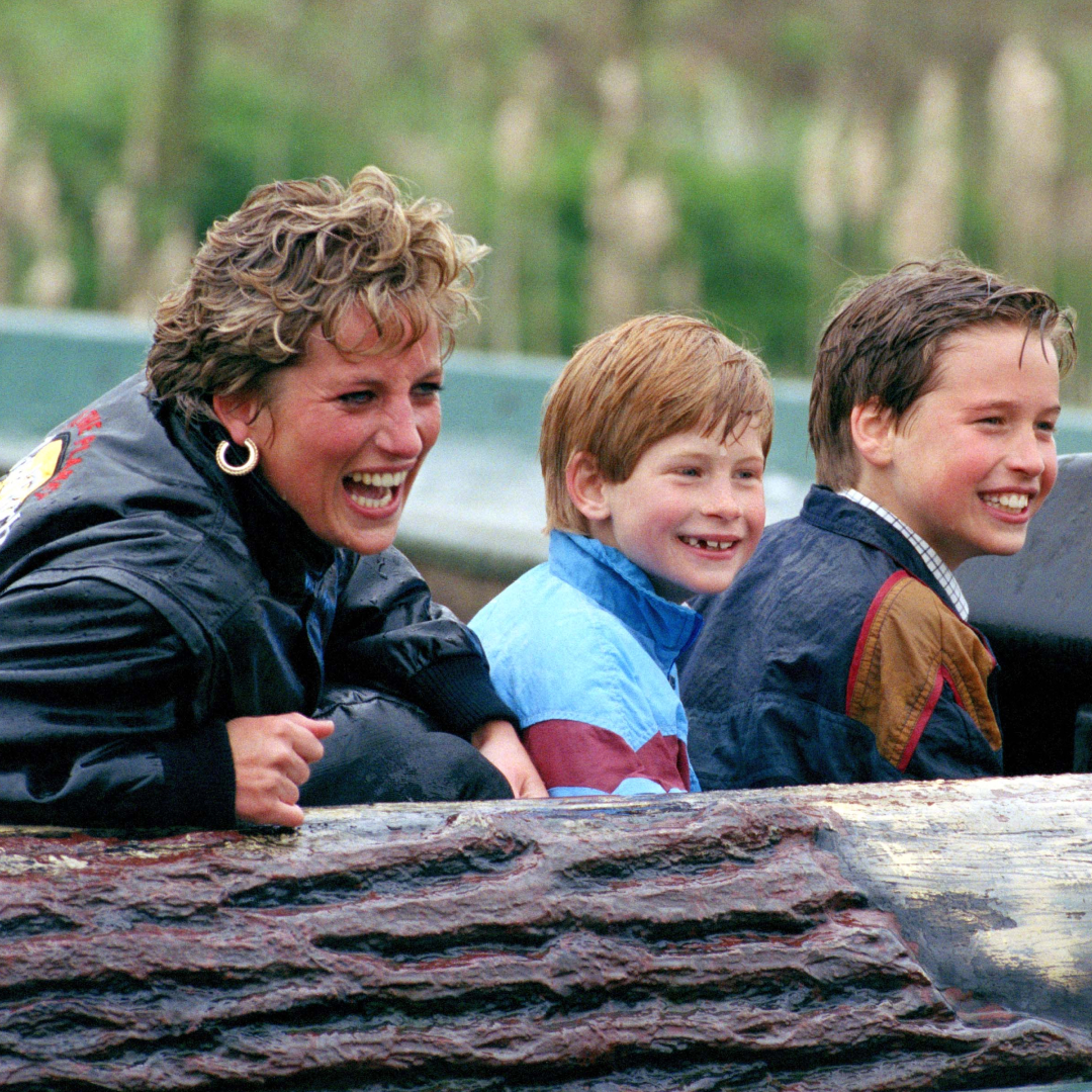 Princess Diana, Prince Harry and Prince William laughing in a log flume