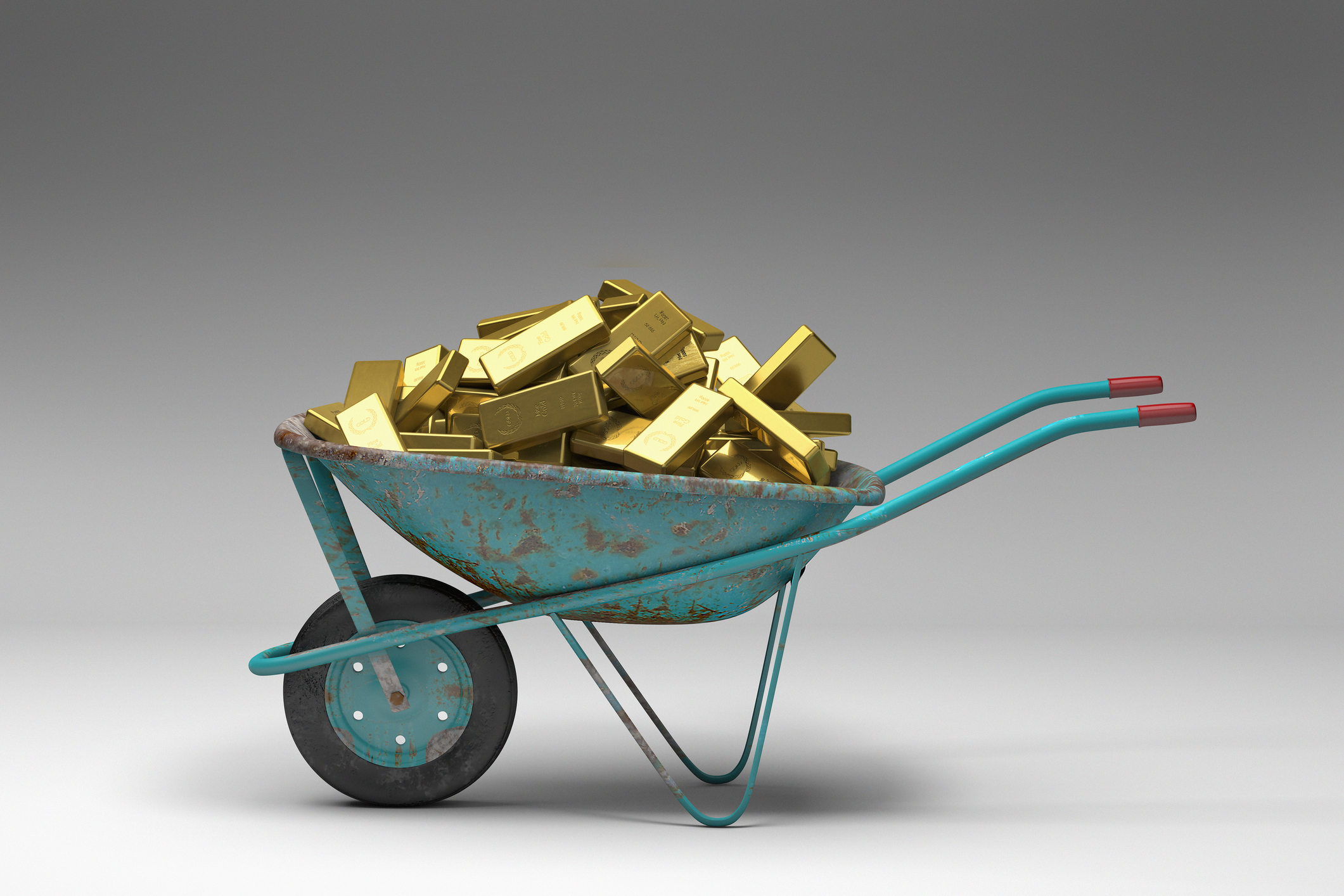 Rusty wheelbarrow full of gold bars