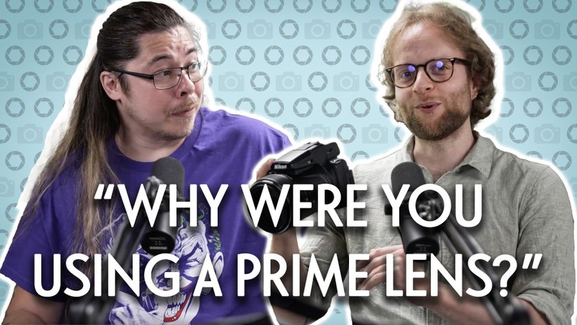 James Artaius and Mike Harris on the Bokeh Face podcast, with the text, &quot;Why were you using a prime lens?&quot;